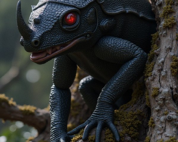 Fantastical Lizard-like Creature on Mossy Tree Branch