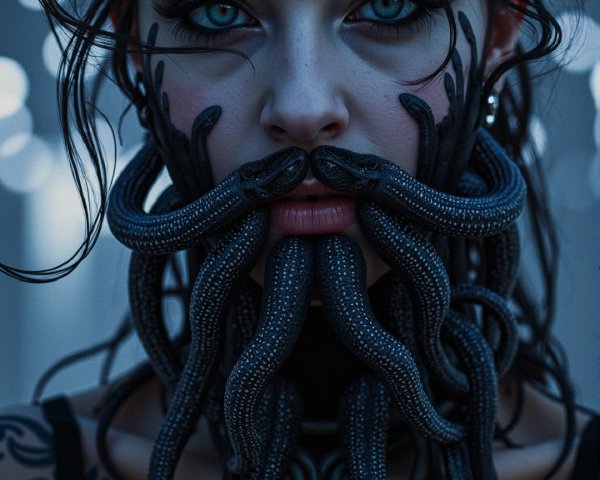 Portrait of a Woman with Tentacle Beard and Tattoos