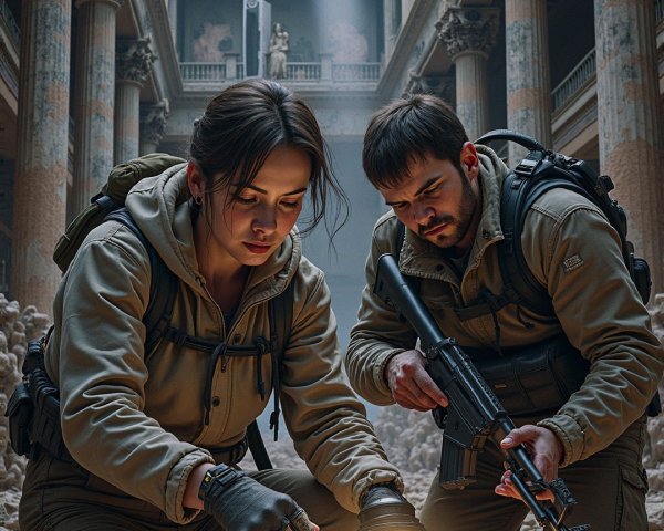 Explorers in an Abandoned Building with Tactical Gear