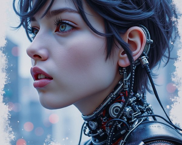 Futuristic Close-Up of a Young Woman with Cybernetic Elements