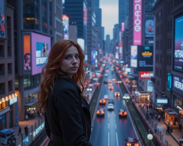 Young woman on balcony with city lights at dusk