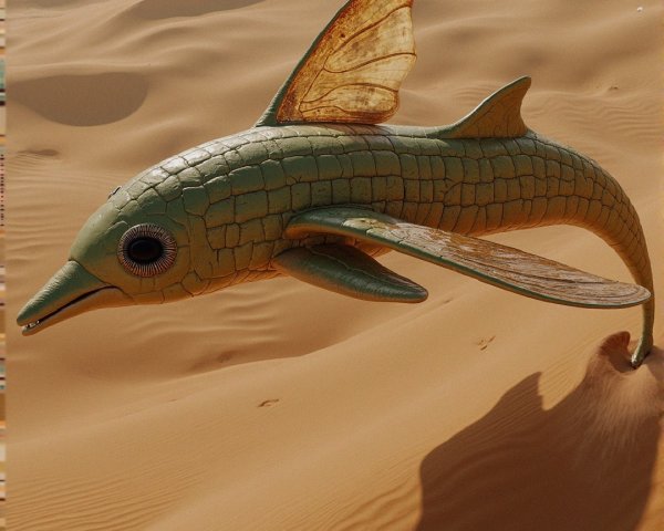 Surreal Winged Fish Over Golden Sand Dunes