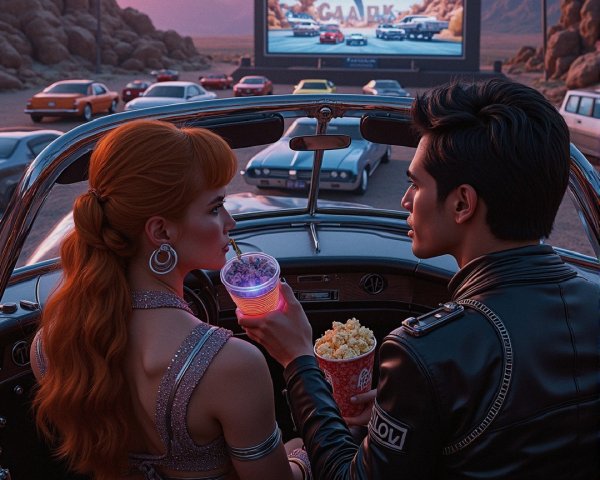 Couple in Vintage Car at Drive-In Cinema Sunset