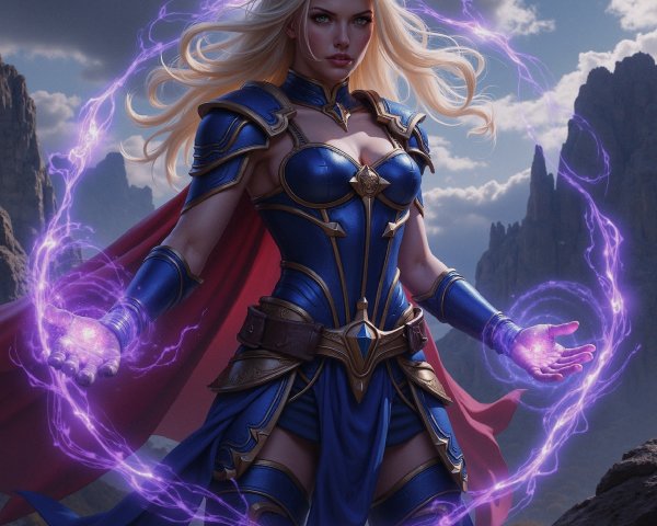 Sorceress in Blue and Gold Armor with Magic Orbs