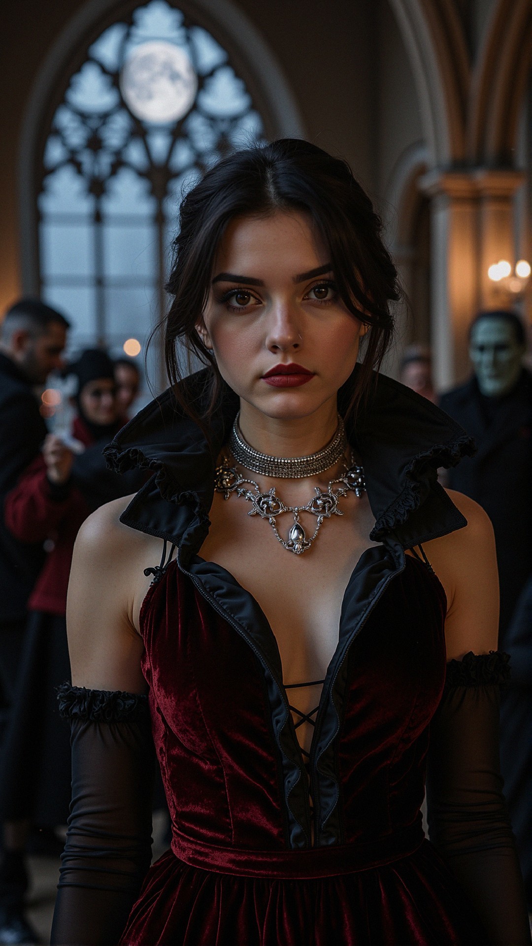 Young woman in elegant room with red velvet dress