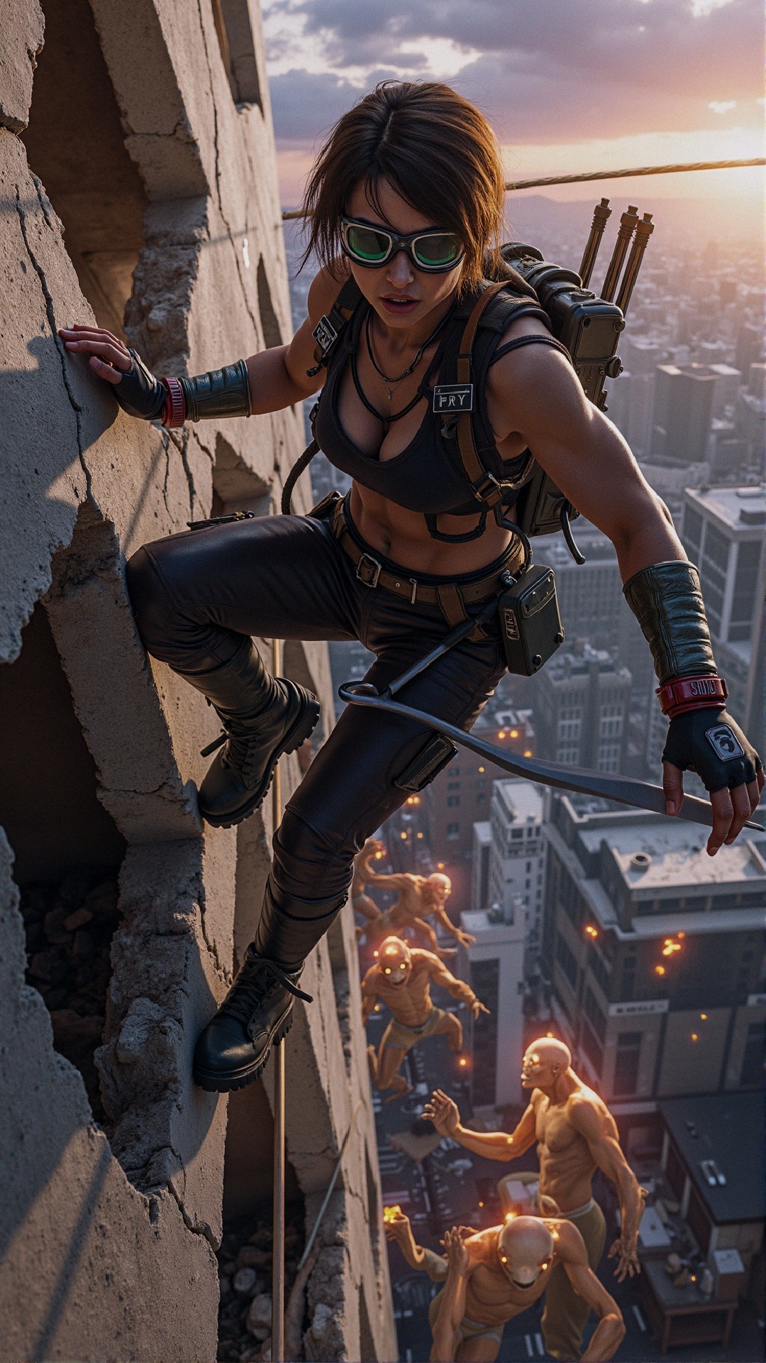 Figure in Black Gear Climbing a Crumbling Skyscraper