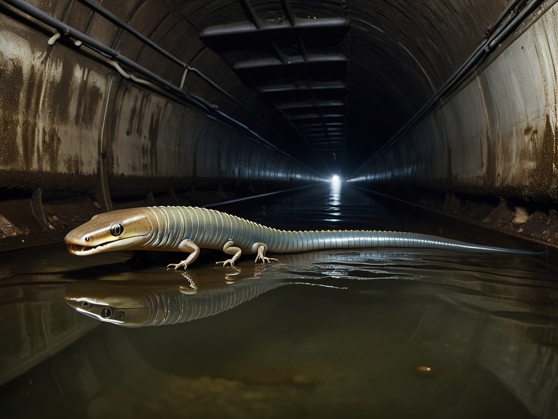 Salamander-like Creature in Dim Underground Tunnel