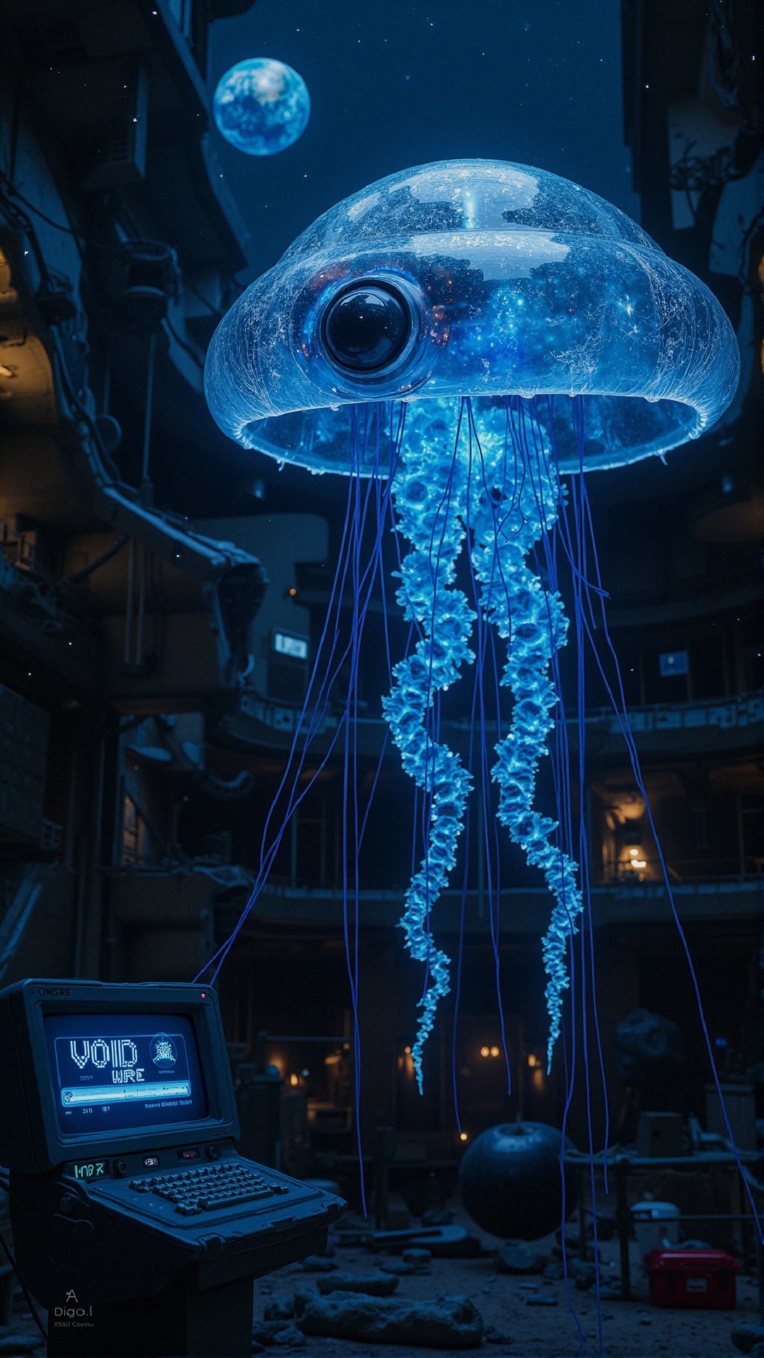 Luminous jellyfish in futuristic, dimly lit setting