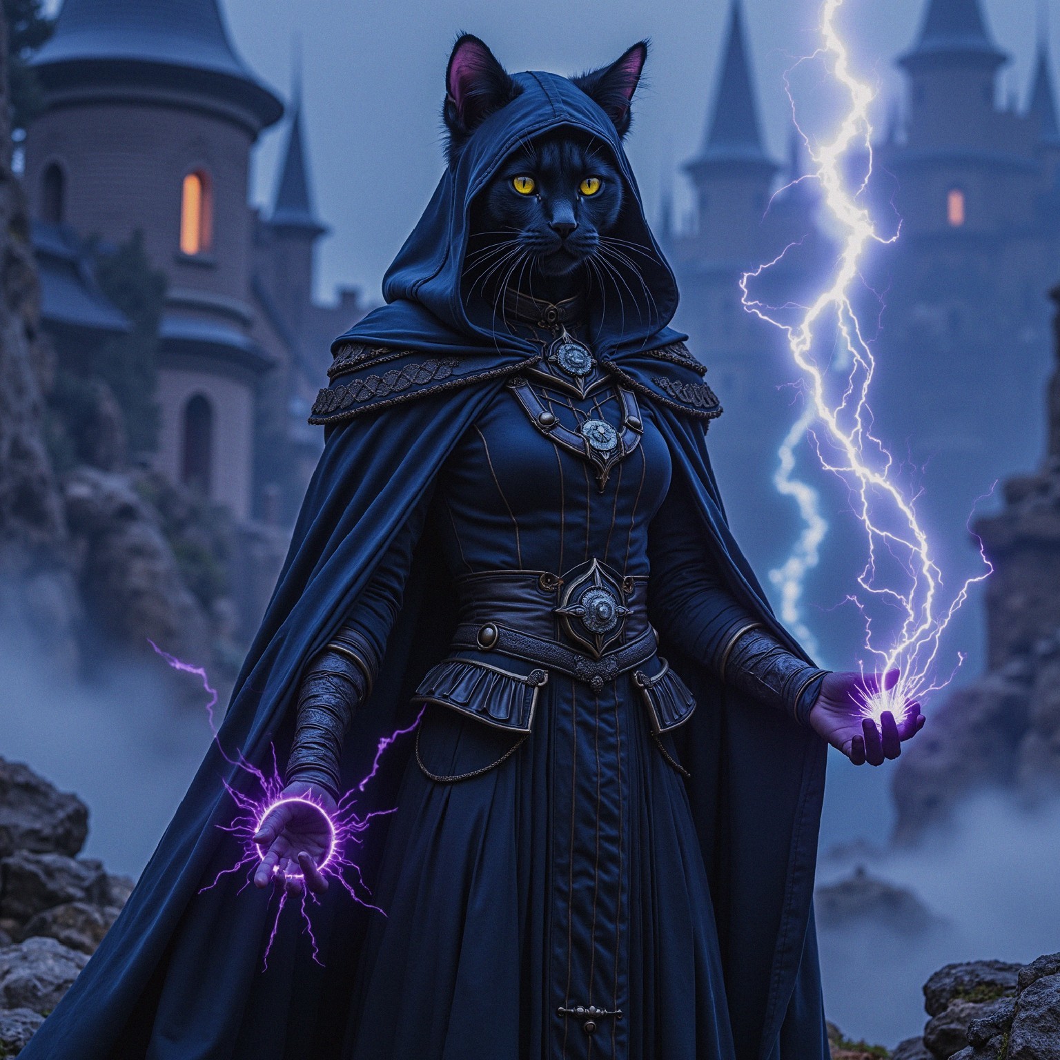 Mysterious figure with cat head in magical landscape