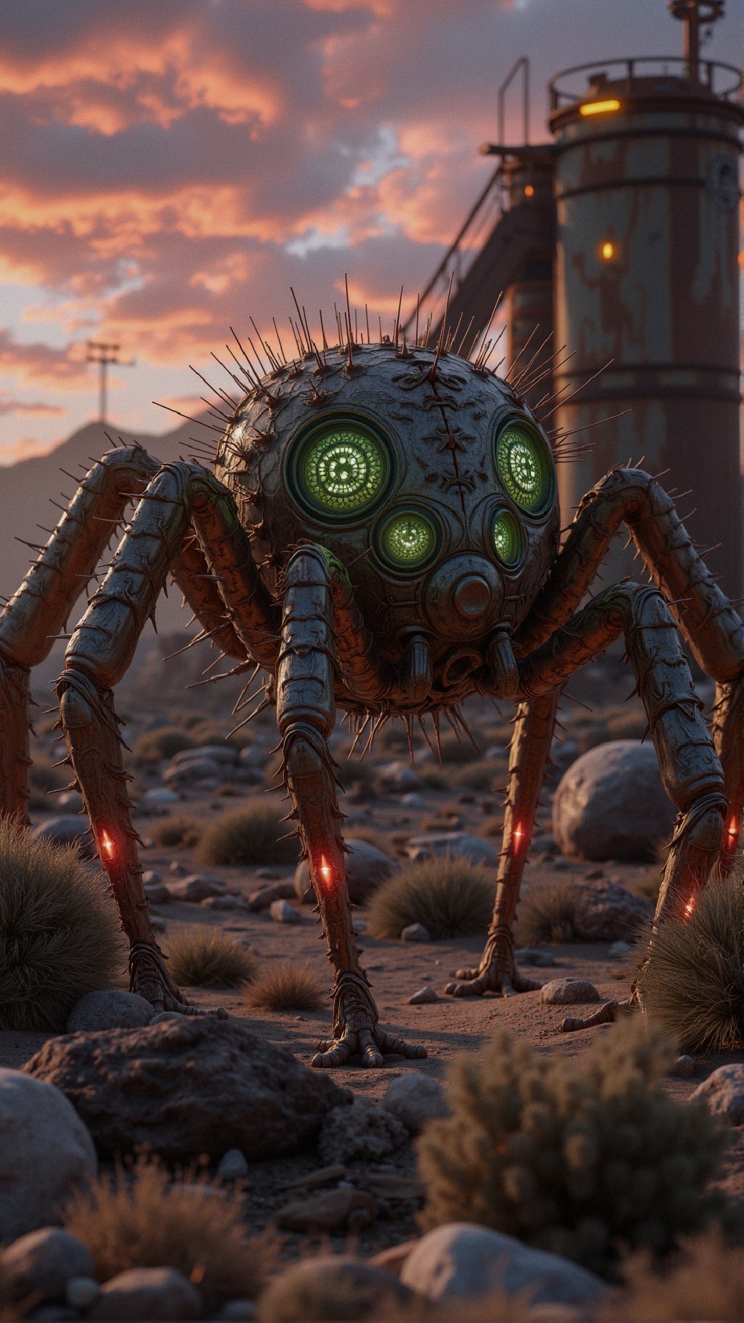 Futuristic spider-like creature in rugged terrain