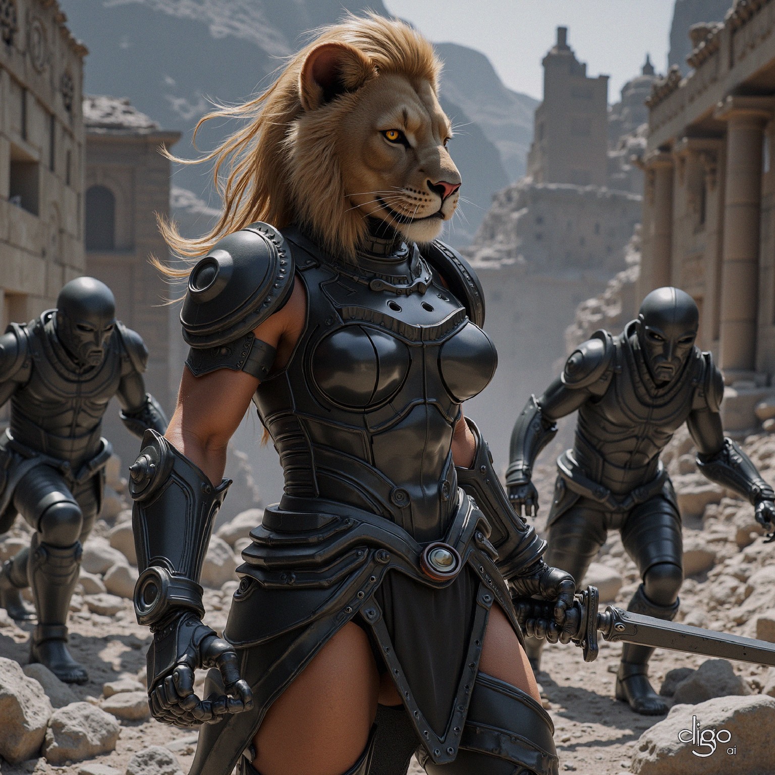 Ancient Cityscape with Warrior and Robotic Figures