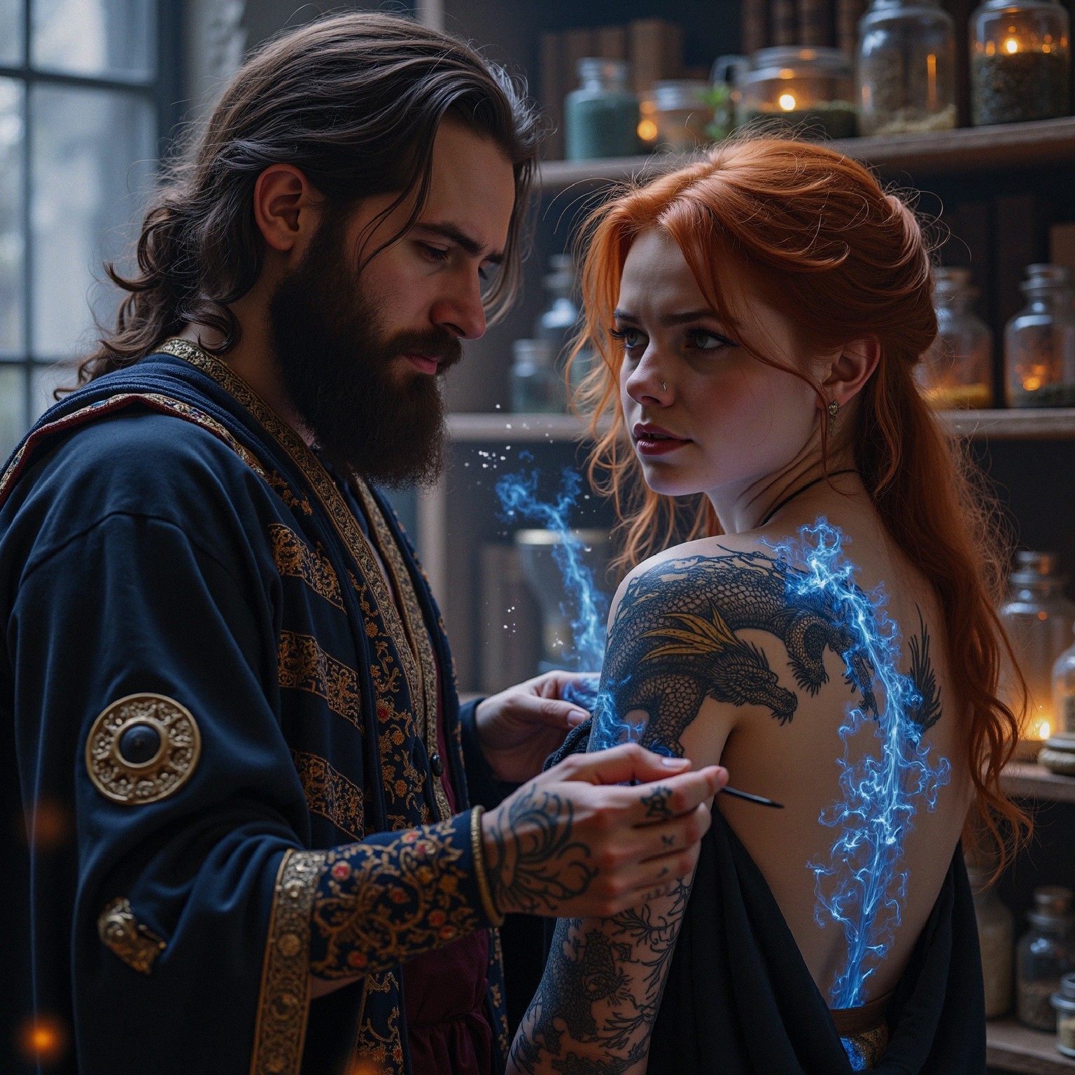 Man Painting Sparks on Woman with Red Hair and Tattoos
