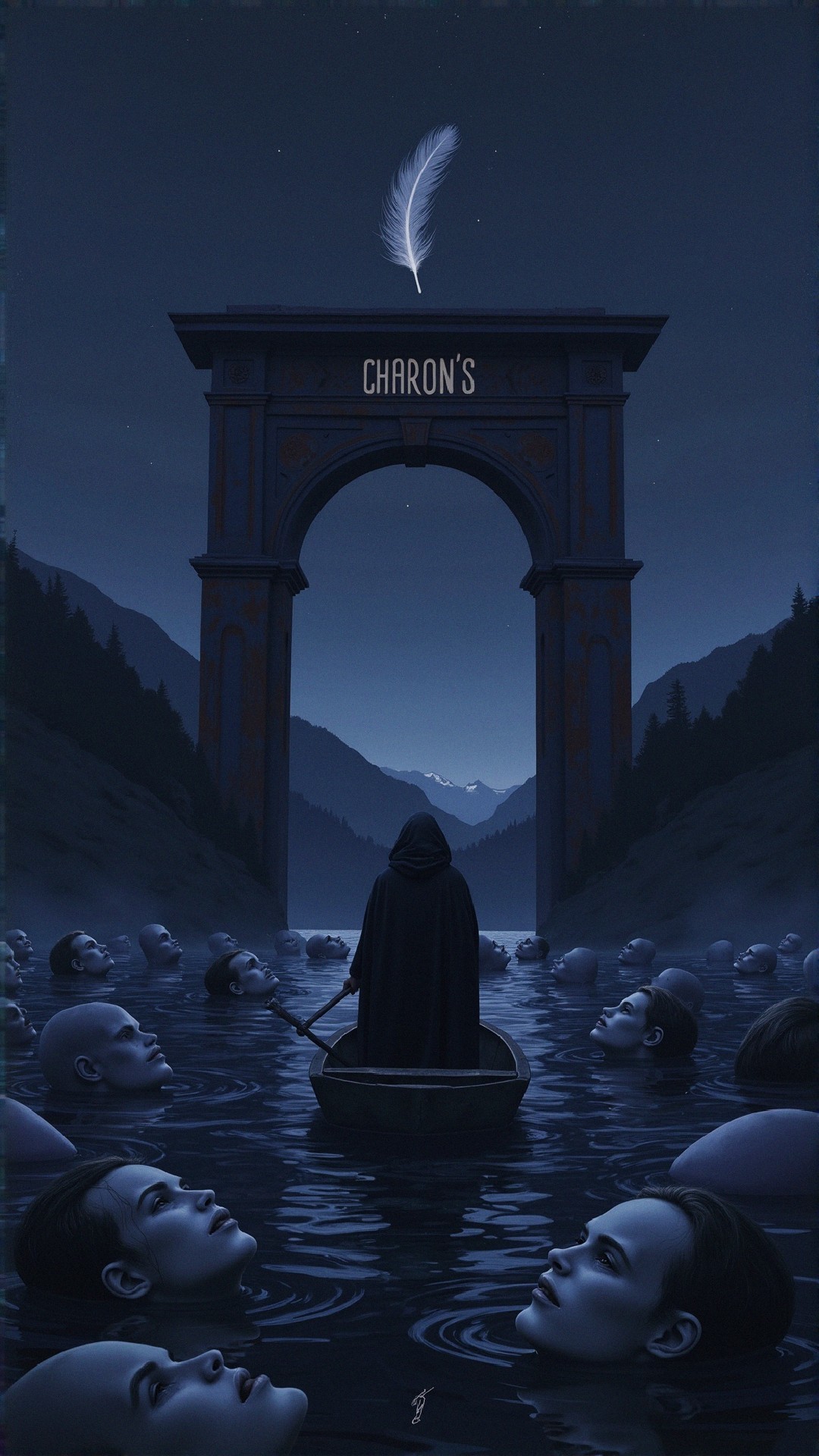 Hooded Figure in Boat on Twilight River Scene