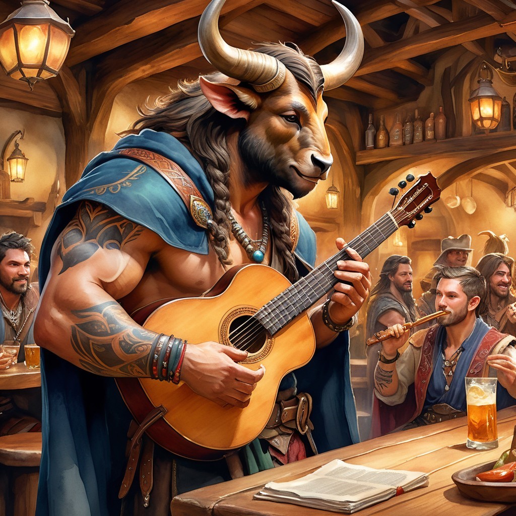 Minotaur Guitarist Entertains in Lively Tavern Scene