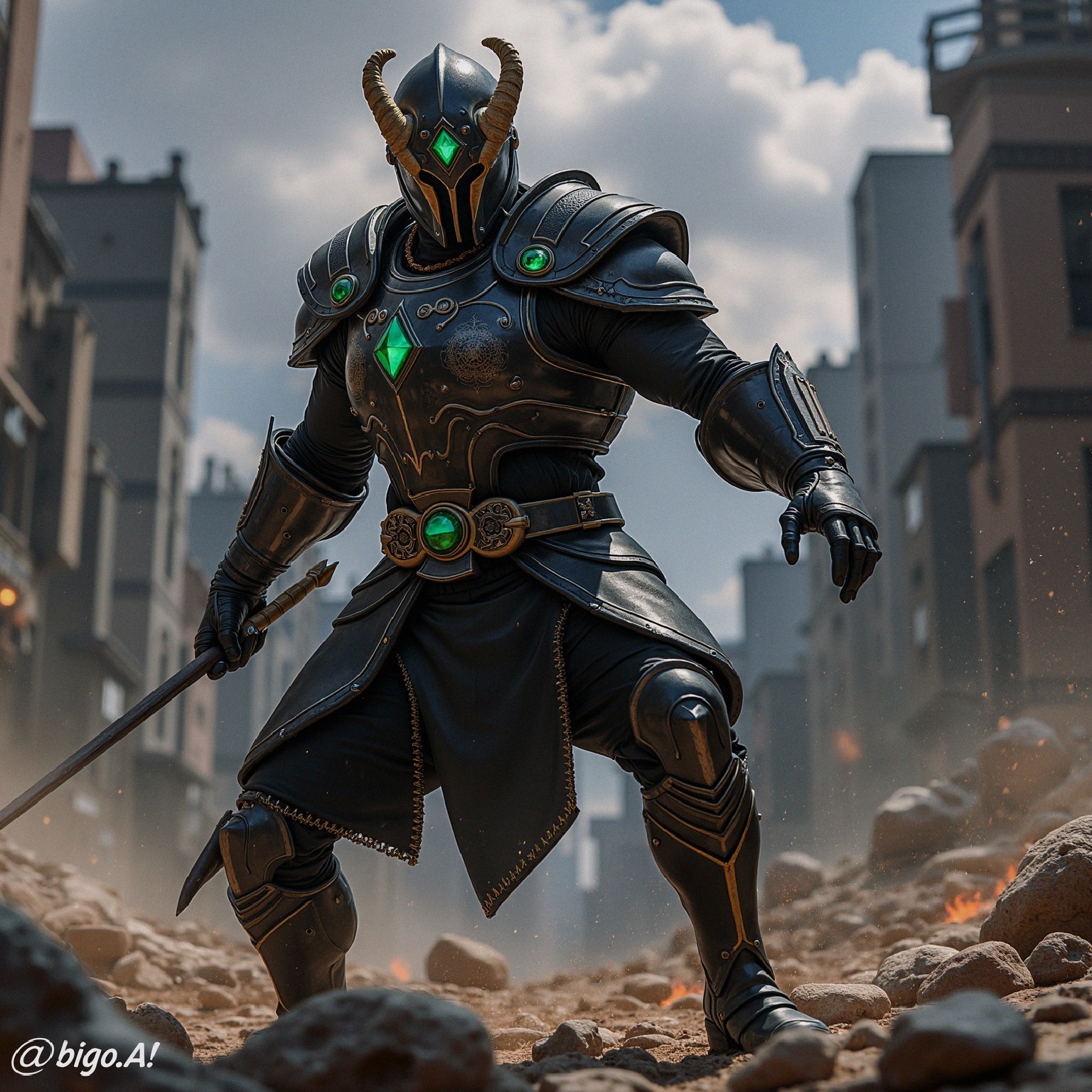 Warrior in Black Armor Amidst Urban Ruins