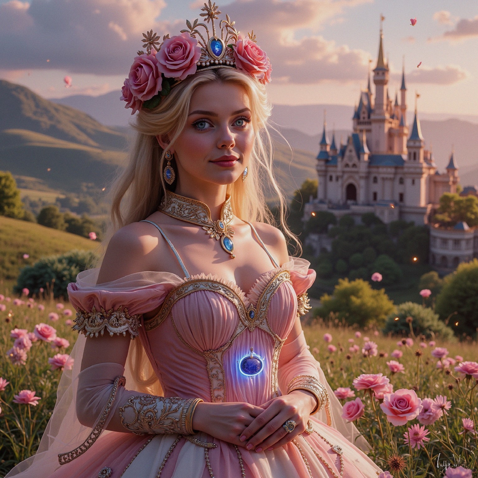 Princess in Pink Gown in Flower Field with Castle