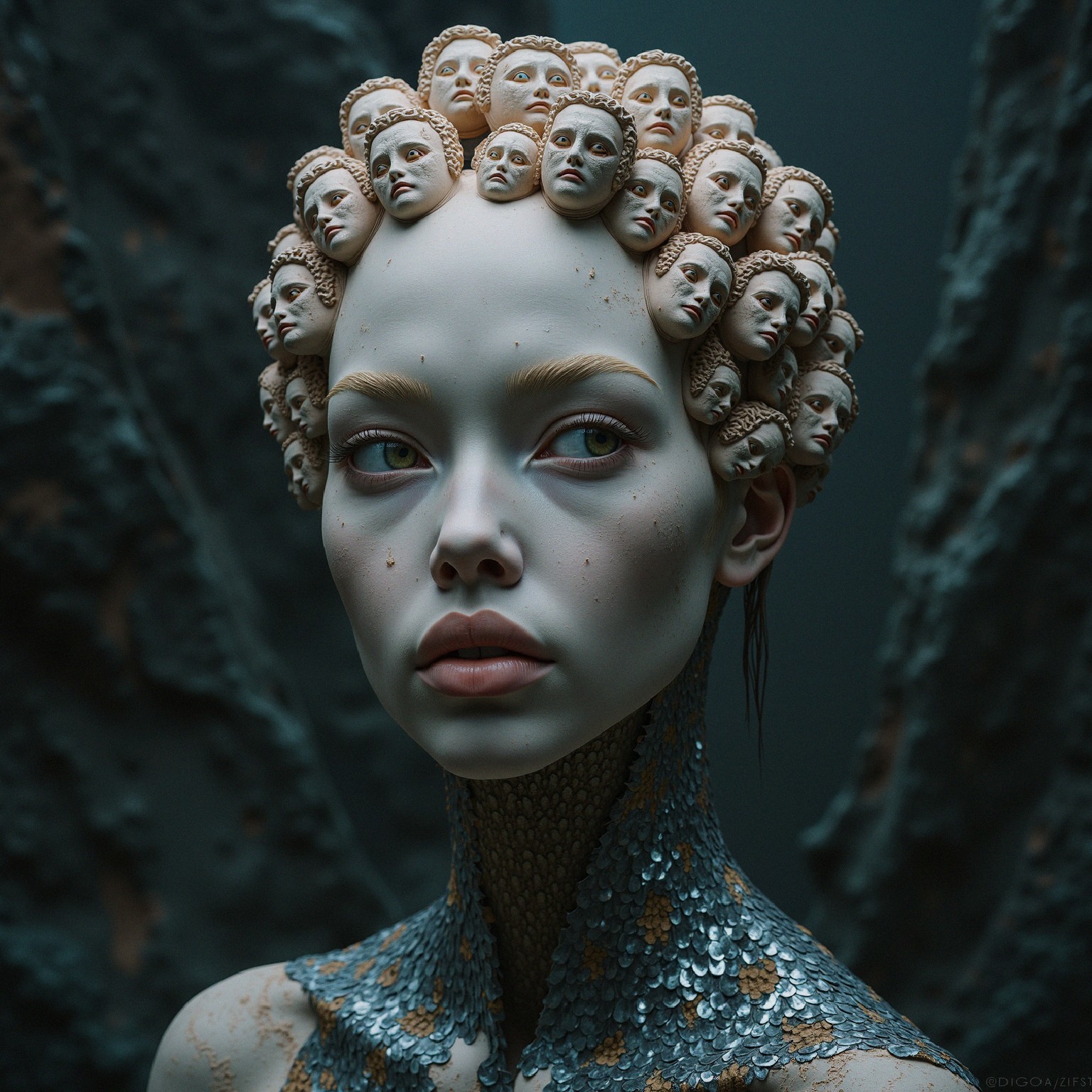 Surreal Hairstyle with Sculpted Faces and Textured Scales