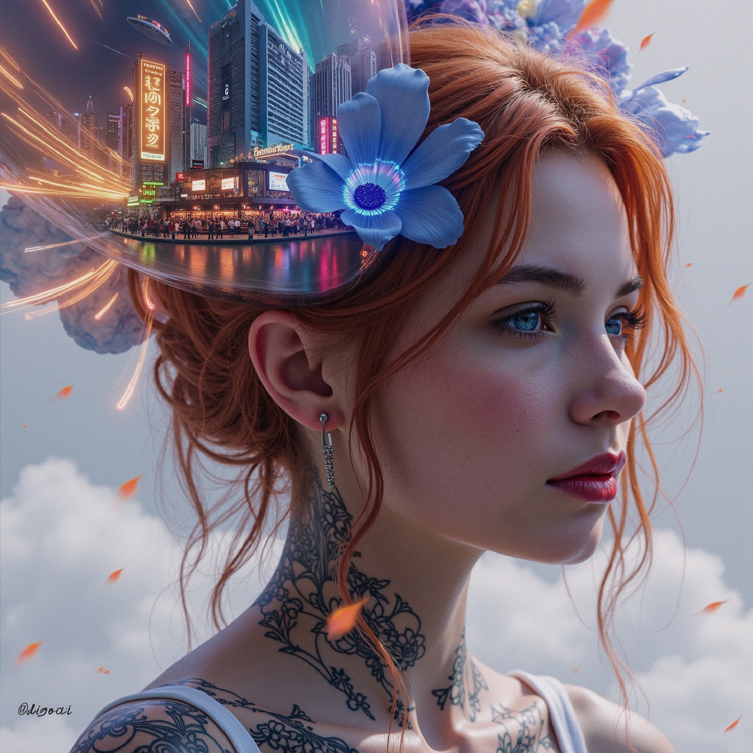 Young woman with red hair and cityscape backdrop
