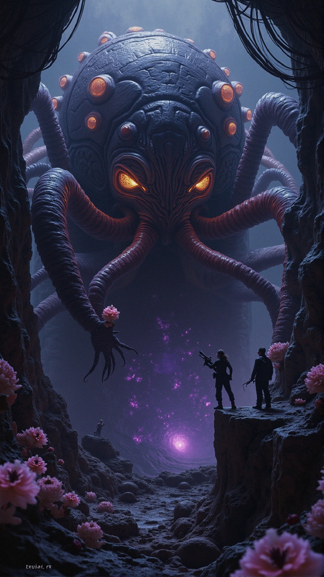 Colossal Octopus Creature in Dark Cavern with Figures