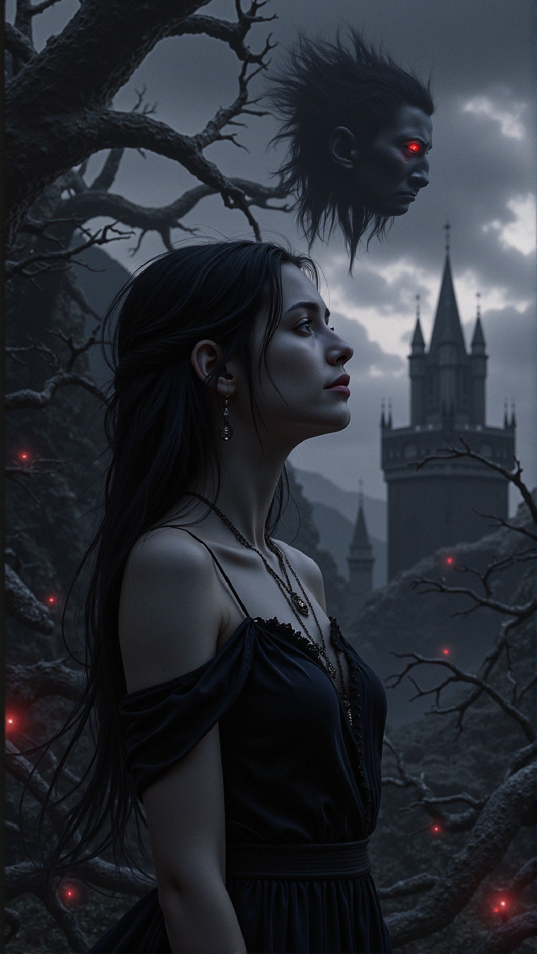 Dark Fantasy Scene with Woman and Spectral Head