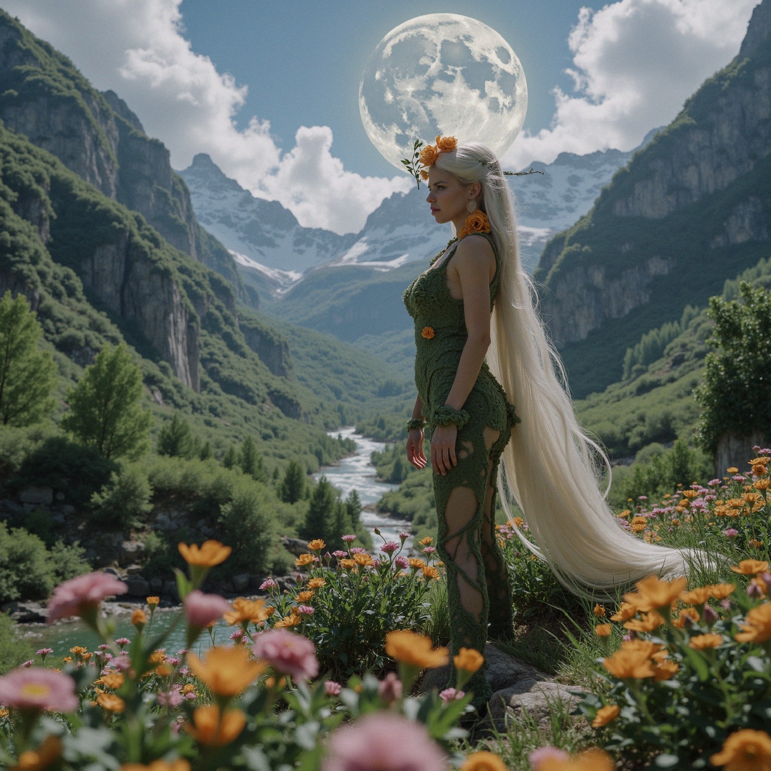 Graceful figure in wildflowers under a full moon