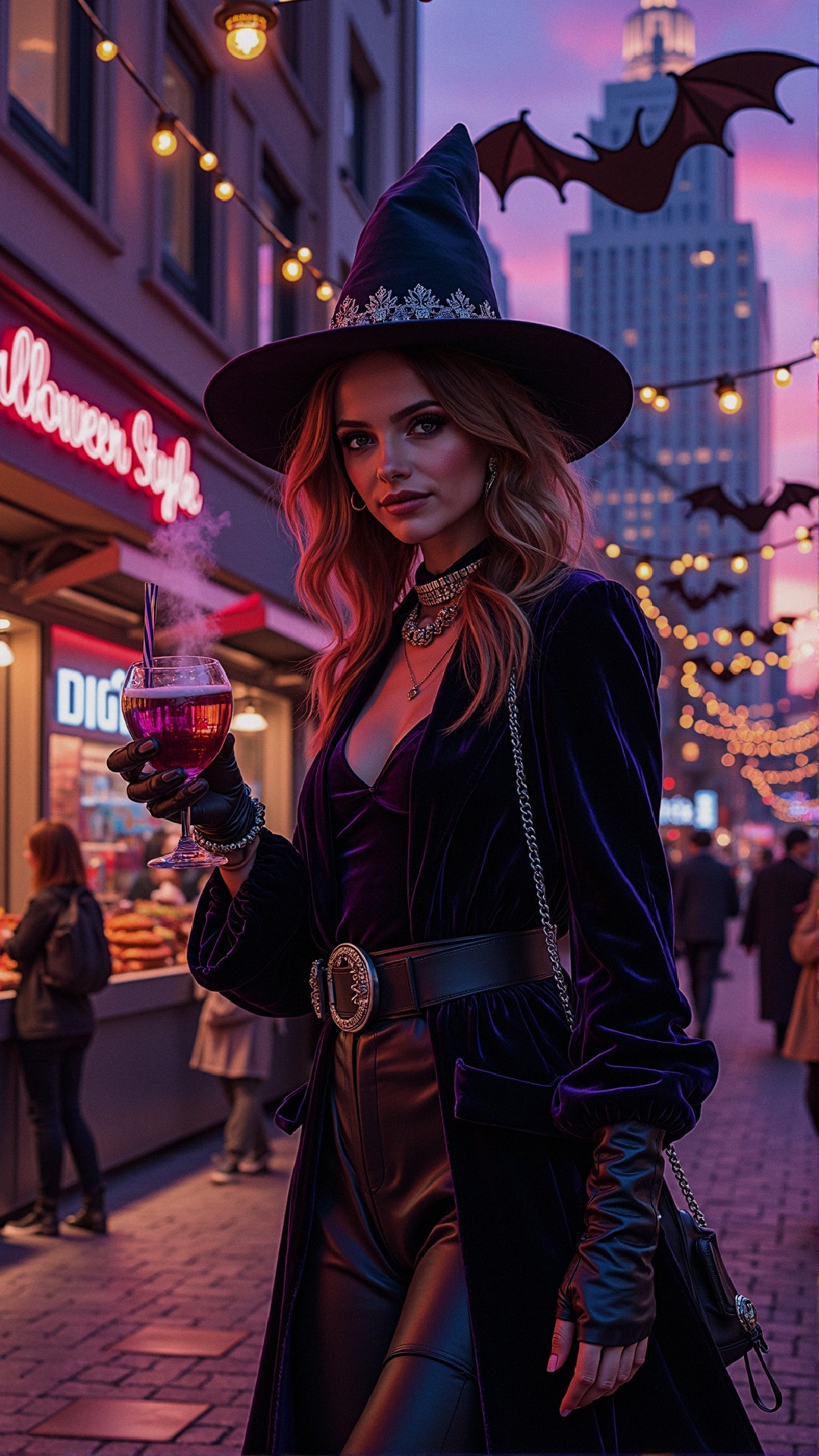 Woman in Witch Costume on Decorated Halloween Street