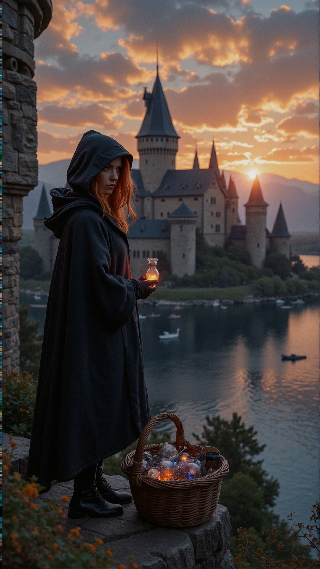 Mysterious Figure with Orb by Enchanting Castle at Sunset