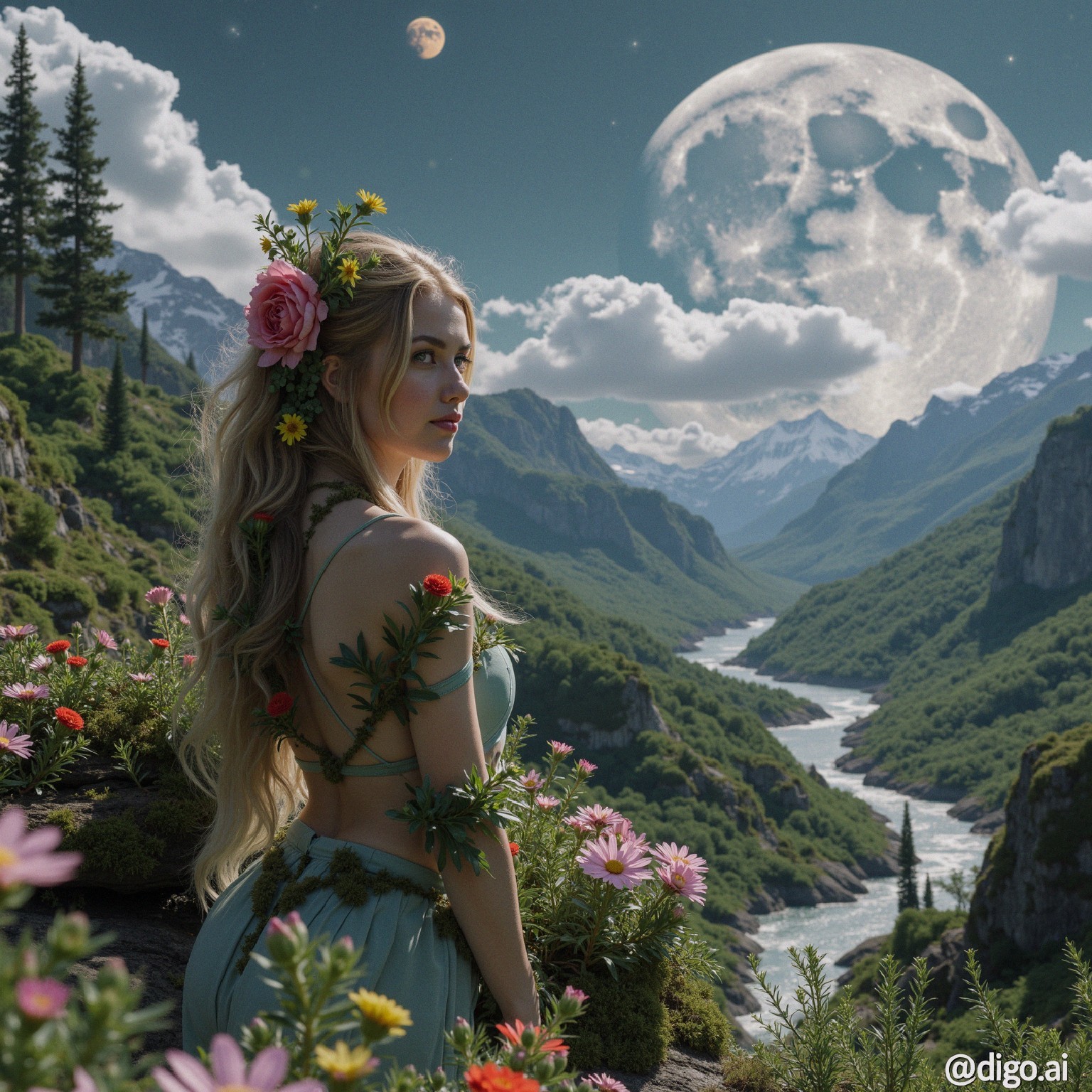 Serene figure in vibrant landscape under starry sky