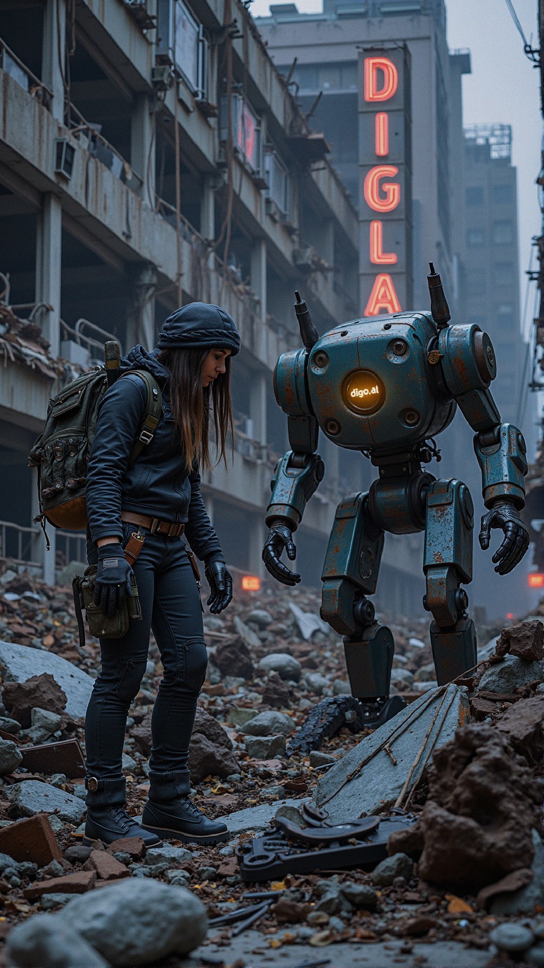 Dystopian Urban Scene with Woman and Vintage Robot