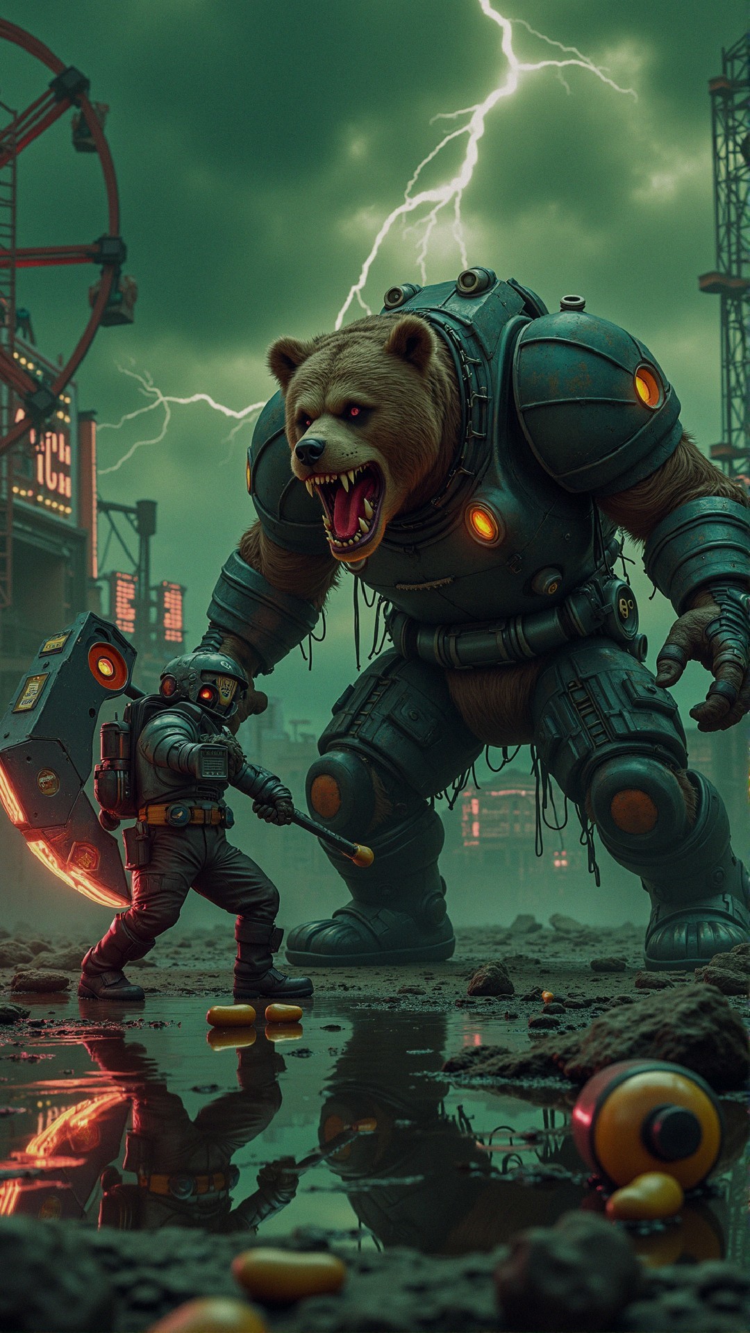 Futuristic Battle: Armored Bear vs. Space Suit Figure