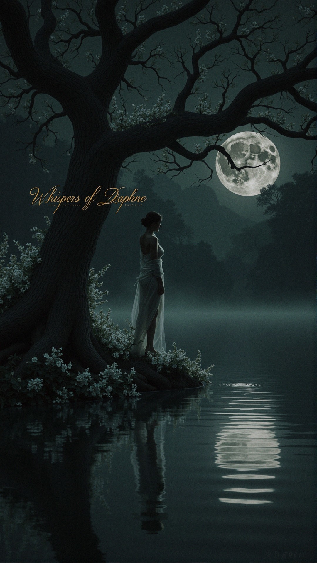 Solitary Figure by Water Under Moonlit Sky