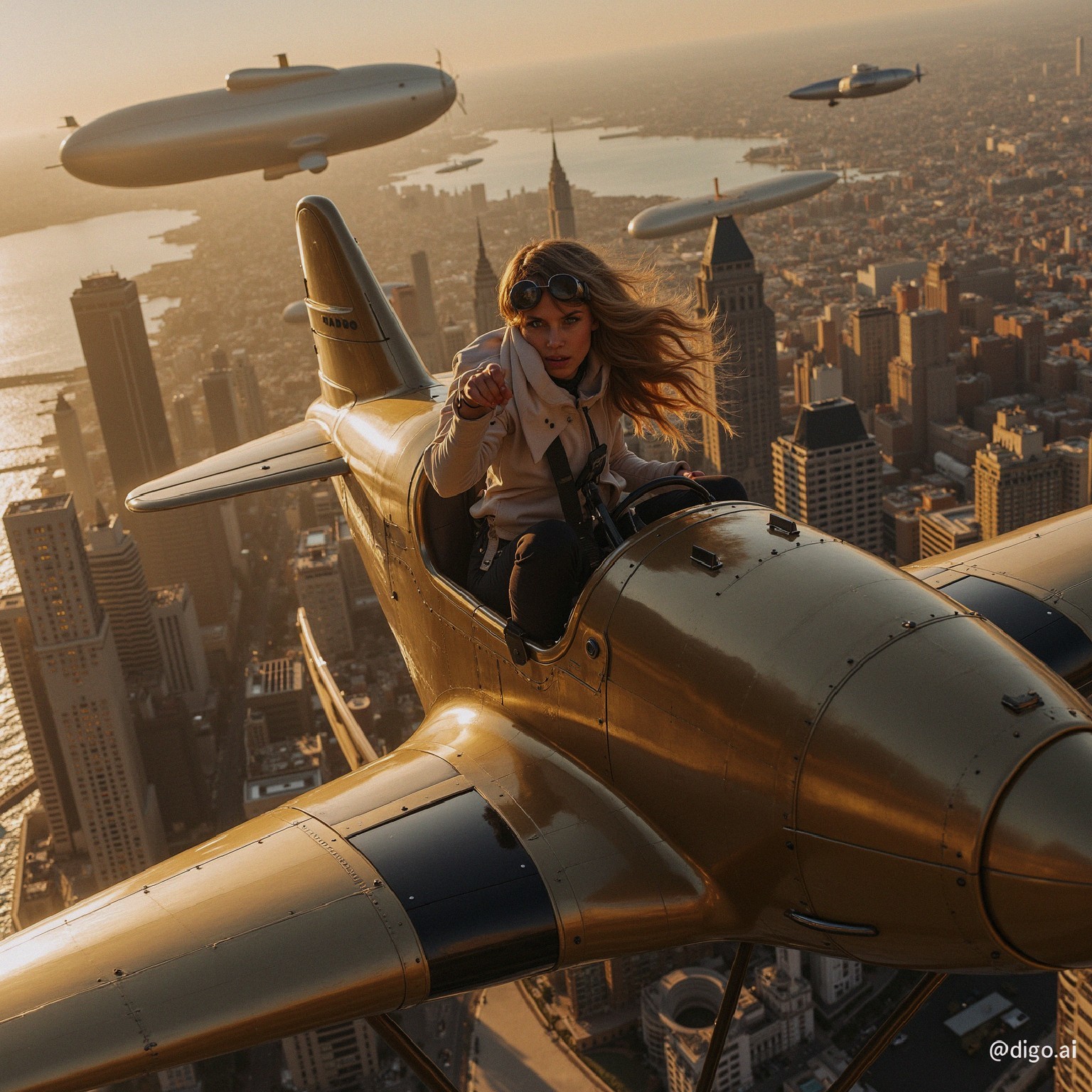 Vintage Airplane Pilot Over City Skyline at Sunset
