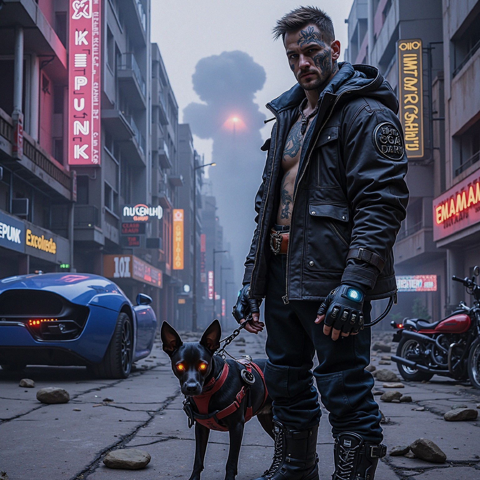 Dystopian Cityscape with Man and Glowing-Eyed Dog