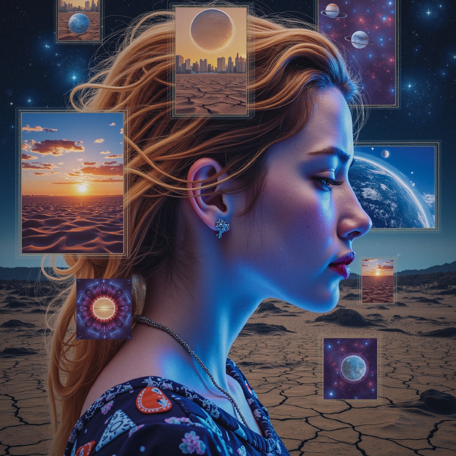 Young Woman Contemplating Cosmic Landscape and Images