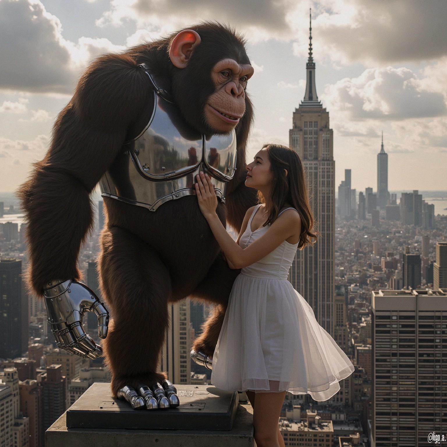 Futuristic Scene with Colossal Ape and Woman on Skyscraper