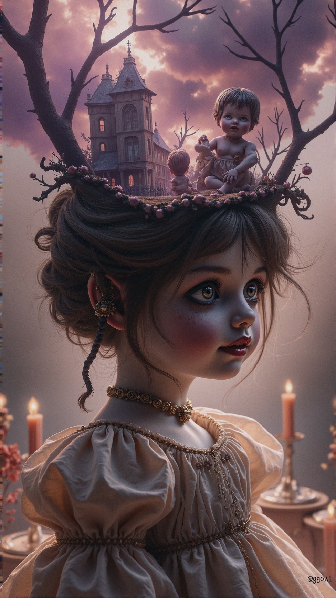 Whimsical doll with expressive eyes and ornate hairstyle