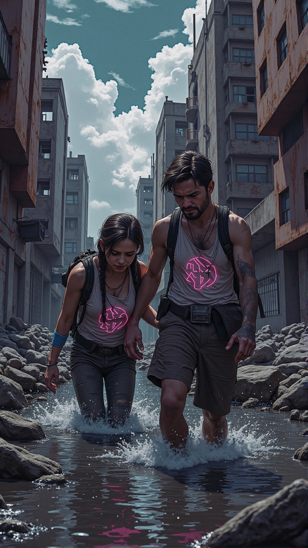 Couple in Post-Apocalyptic Urban Landscape with Ruins