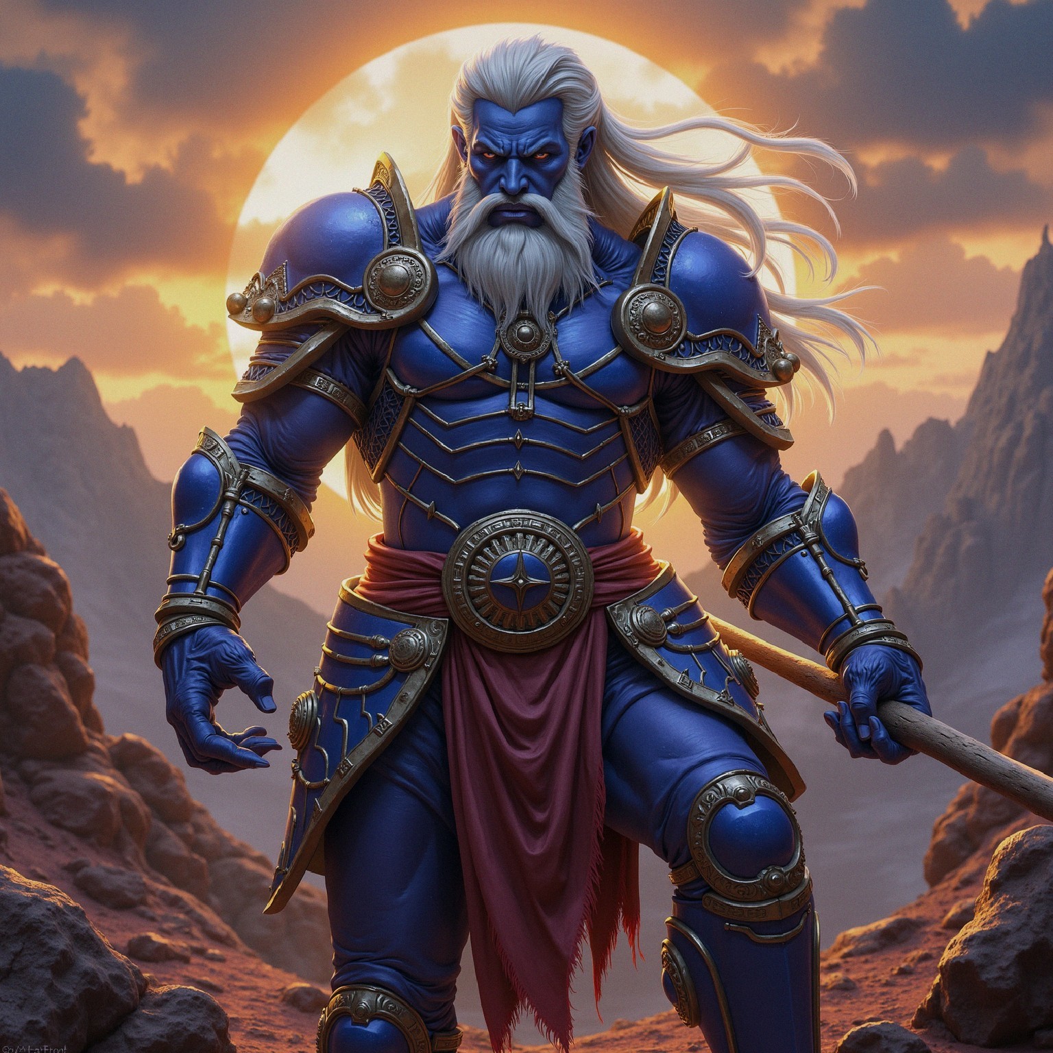 Warrior in Ornate Blue Armor Against Sunset Backdrop