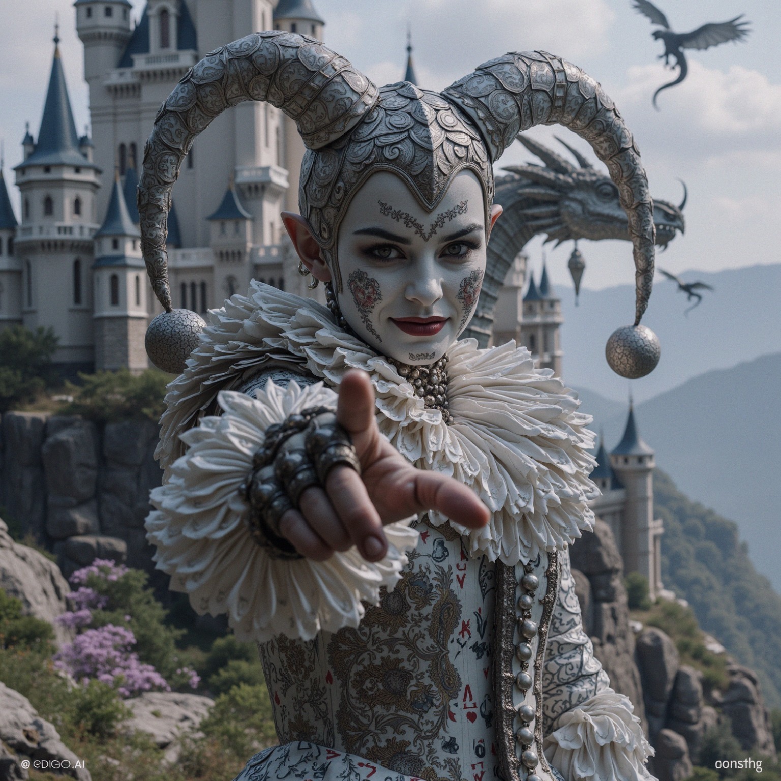 Jester in Dramatic Costume Before Grand Castle and Dragons
