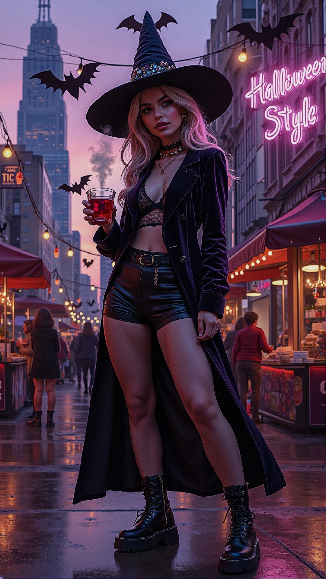 Stylish Woman in Witch Costume on Halloween Street