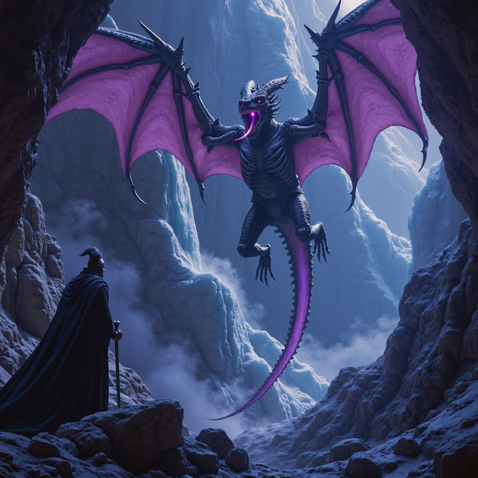 Dramatic Cave Scene with Fearsome Dragon and Cloaked Figure