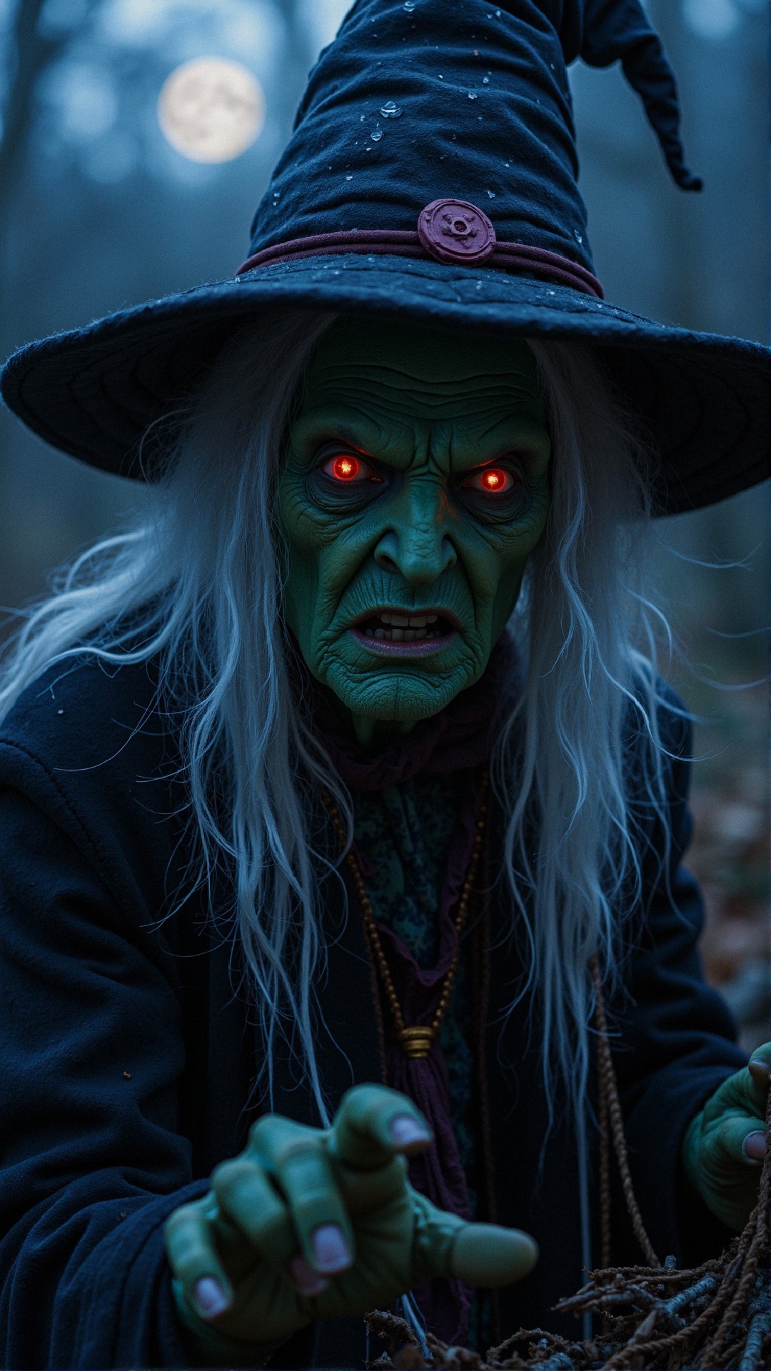 Sinister witch in a dark foggy forest at night