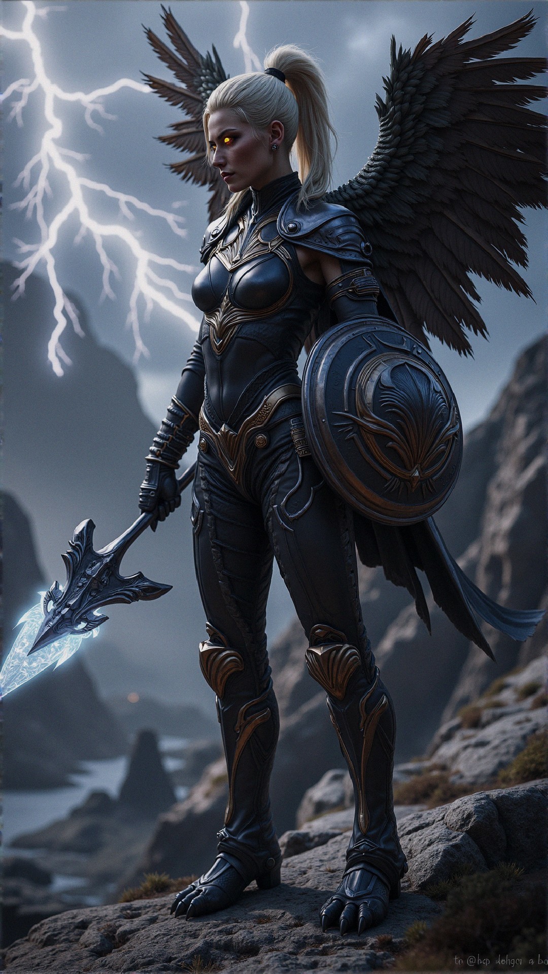 Warrior in Dark Armor with Sword and Wings Amid Storm