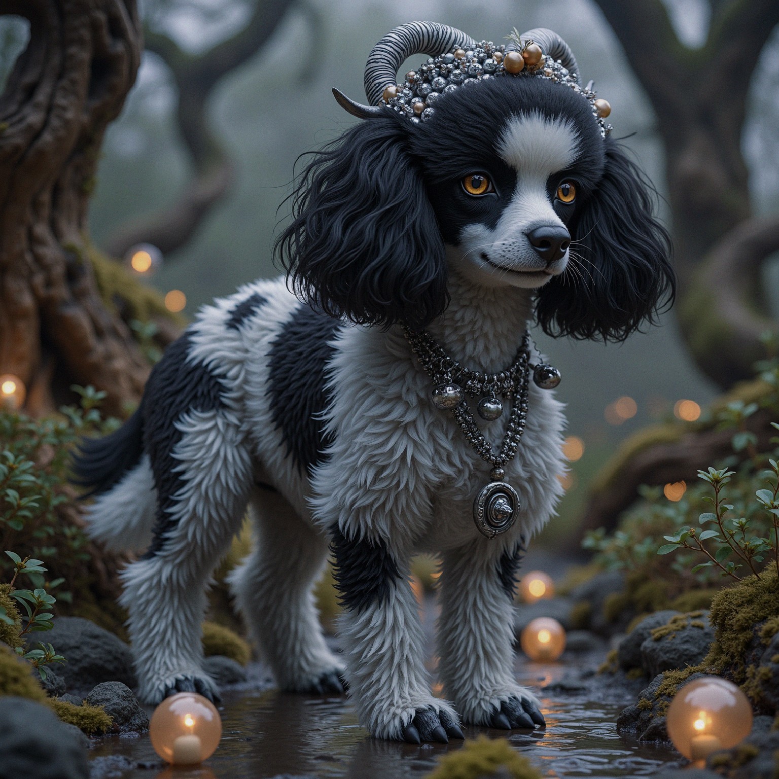 Charming Dog in Mystical Forest with Glowing Orbs