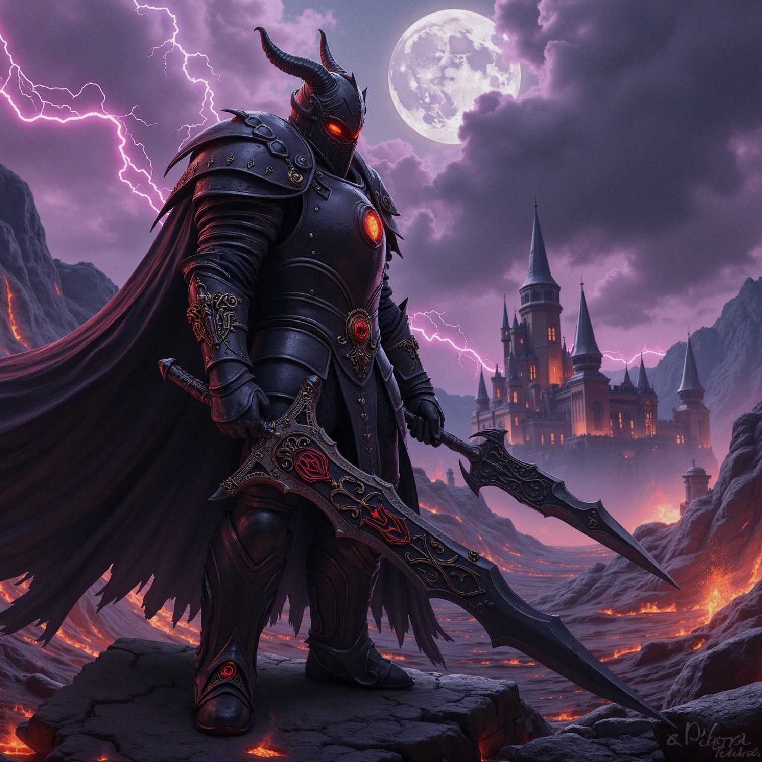 Armored Knight on Rugged Landscape Under Full Moon