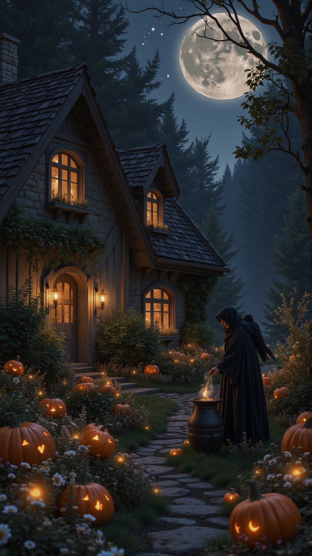 Stone cottage in a dark forest with glowing moonlight