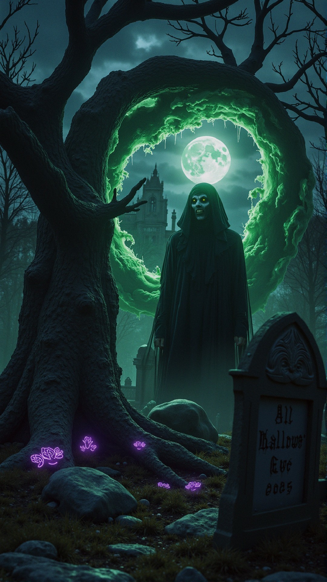 Ghostly Figure in Haunted Graveyard with Portal Glow