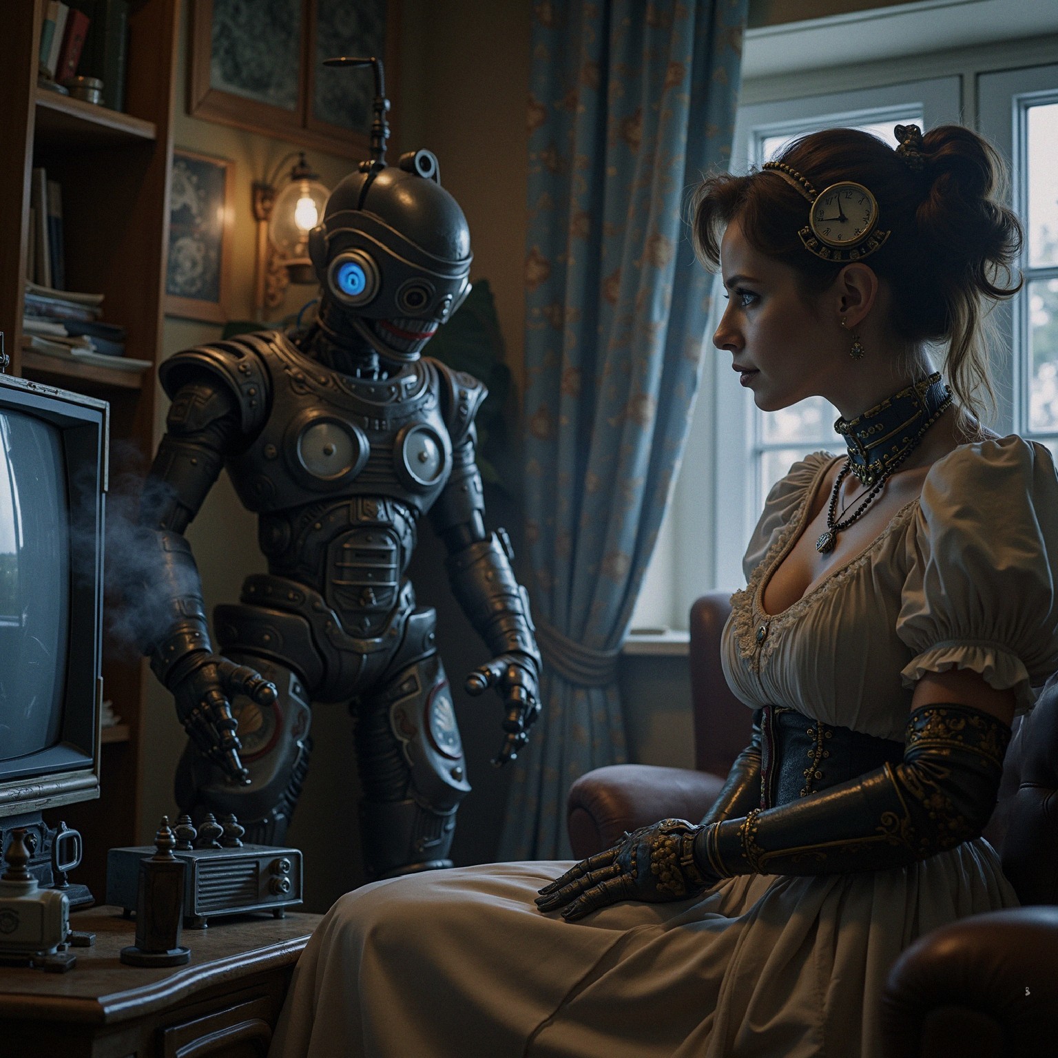 Vintage Elegance Meets Steampunk Robotics in Cozy Room