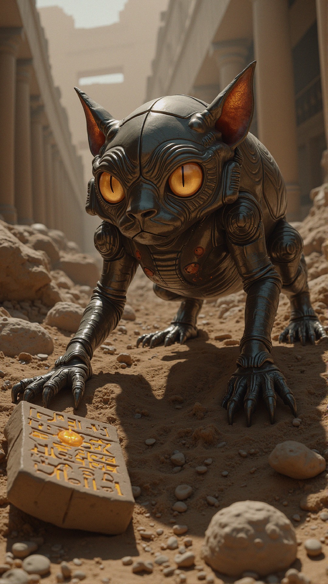 Futuristic robotic cat at an archaeological site