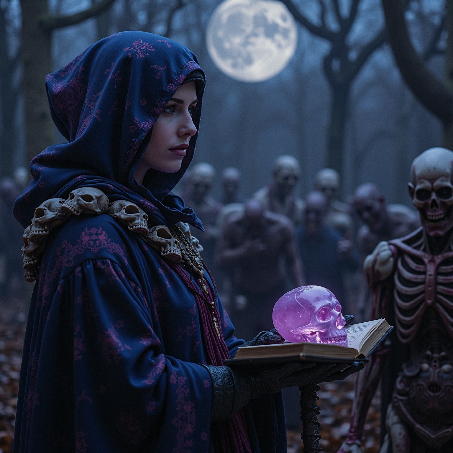 Cloaked Figure with Skull and Book in Mystical Forest